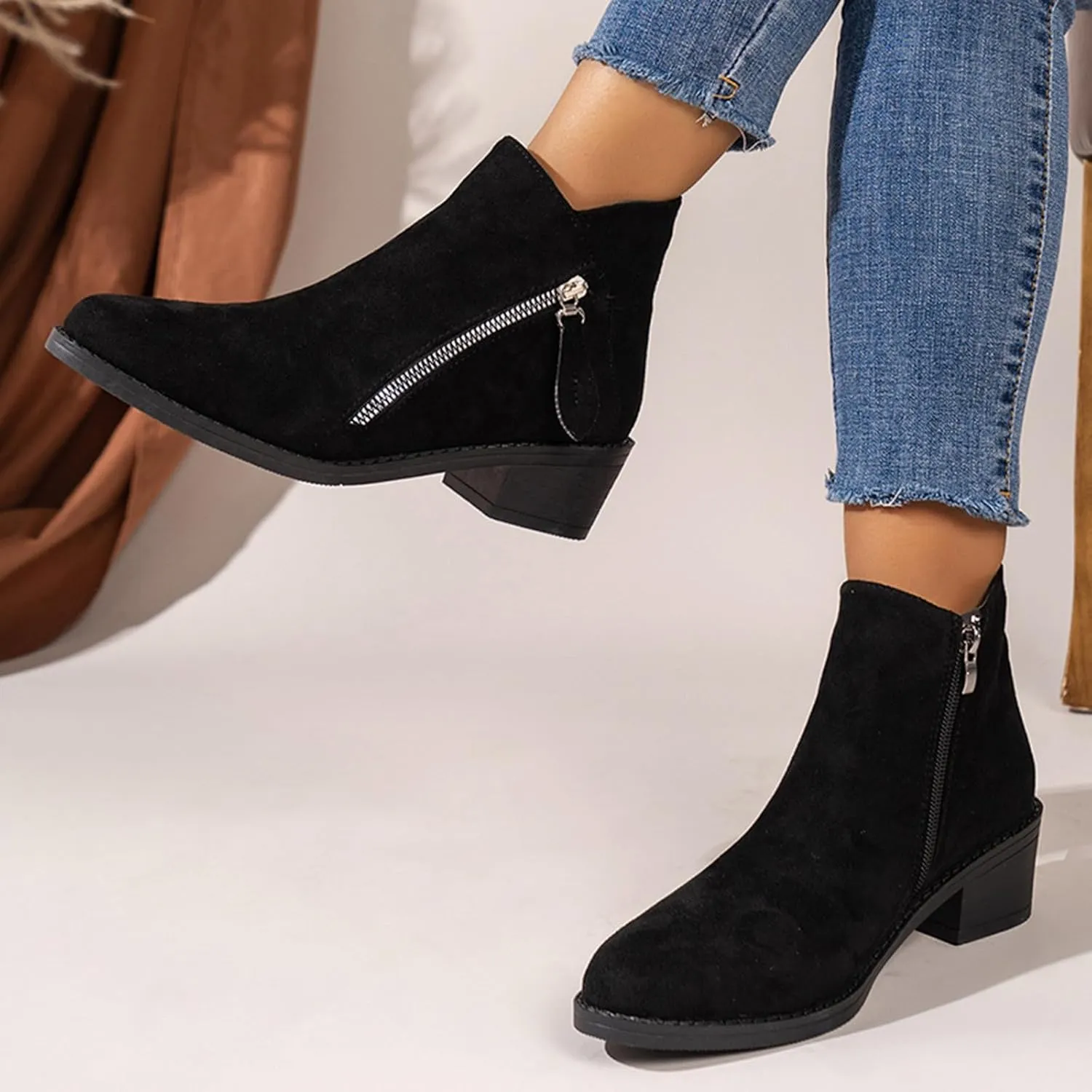 Womens Boots Women's Suede 2 Zipper Ankle Boots Short Booties Low Block Heel Outdoor Work Pointed Bootie