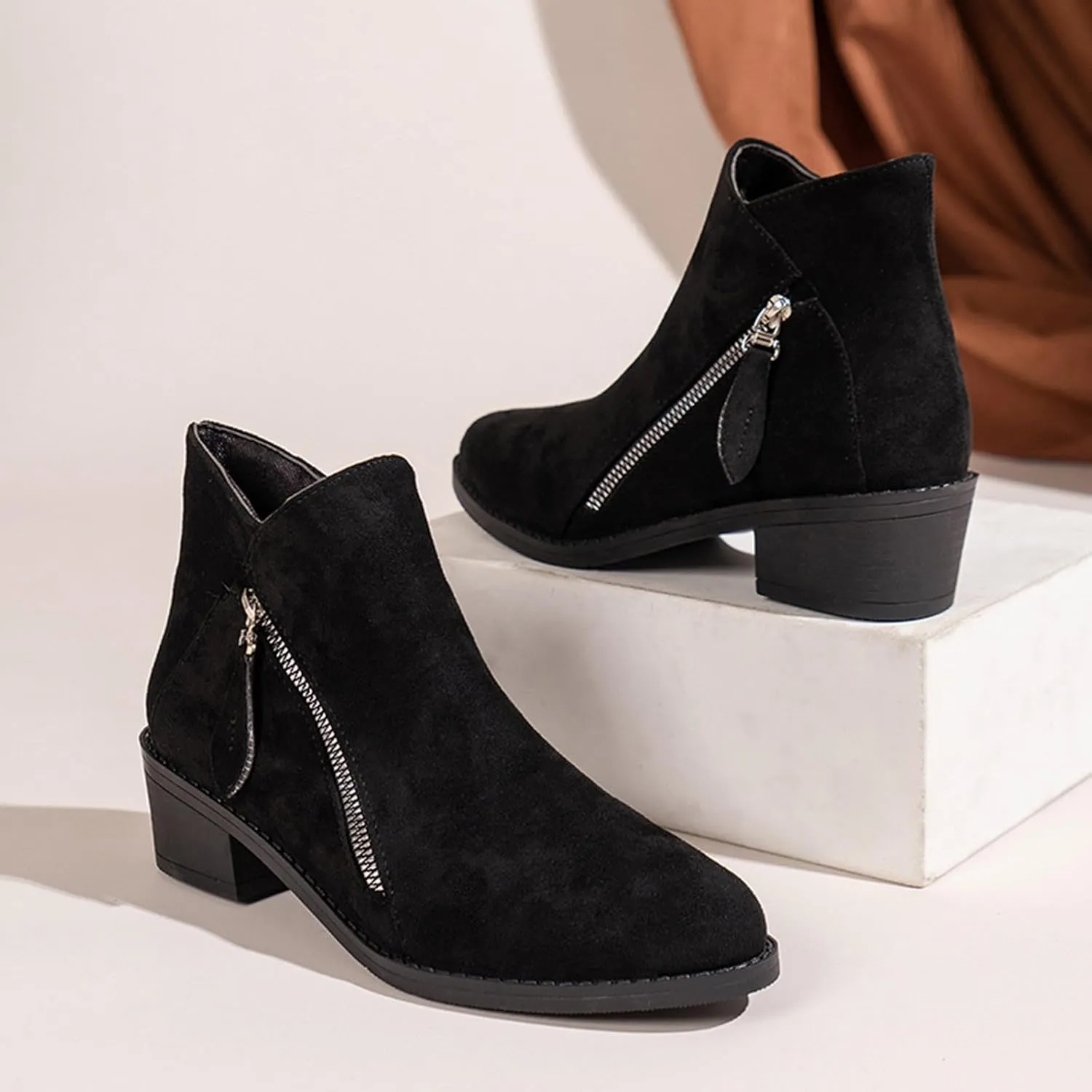 Womens Boots Women's Suede 2 Zipper Ankle Boots Short Booties Low Block Heel Outdoor Work Pointed Bootie