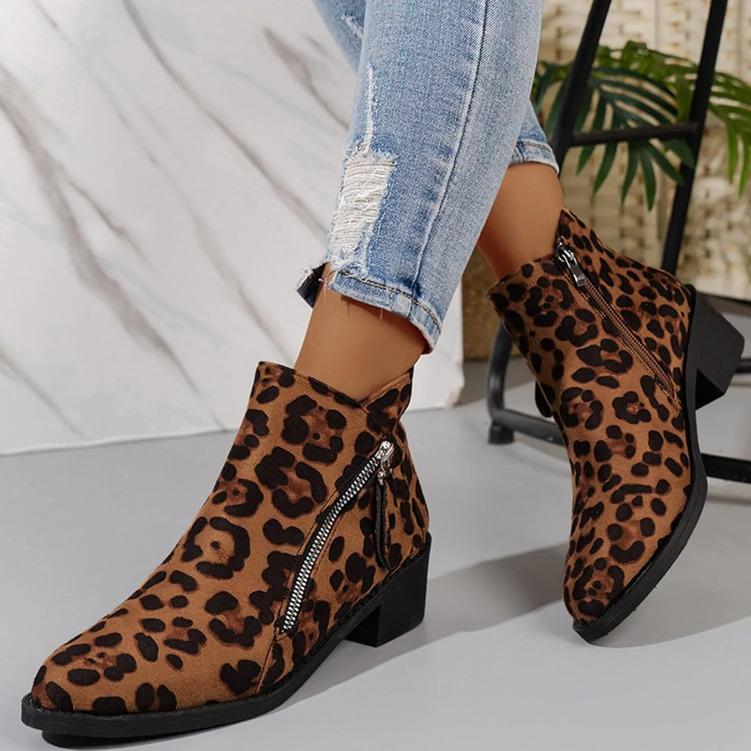 Womens Boots Women's Suede 2 Zipper Ankle Boots Short Booties Low Block Heel Outdoor Work Pointed Bootie