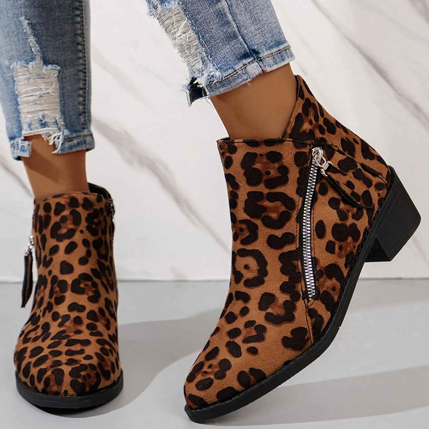 Womens Boots Women's Suede 2 Zipper Ankle Boots Short Booties Low Block Heel Outdoor Work Pointed Bootie
