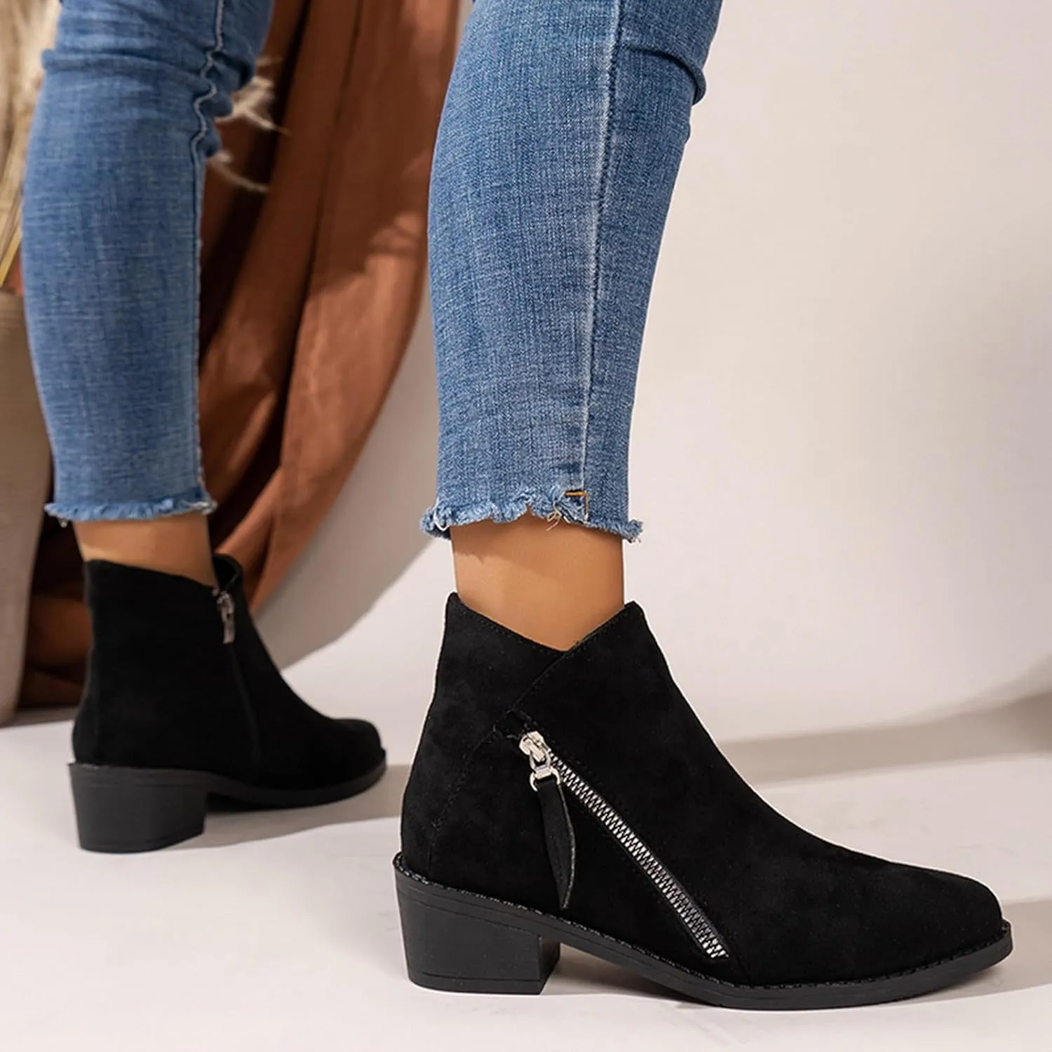 Womens Boots Women's Suede 2 Zipper Ankle Boots Short Booties Low Block Heel Outdoor Work Pointed Bootie