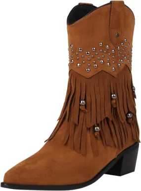 Womens Boots Women's Suede Tassel Ankle Boots Pull On Short Booties Low Block Heel Stage Performance Bootie