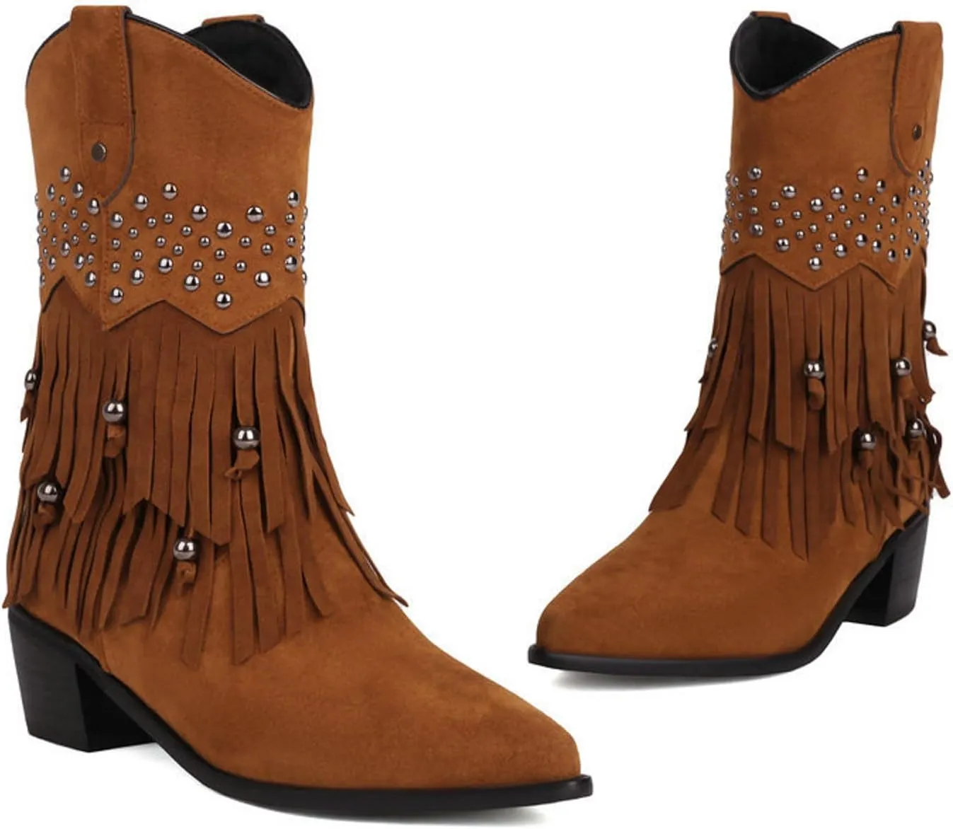 Womens Boots Women's Suede Tassel Ankle Boots Pull On Short Booties Low Block Heel Stage Performance Bootie
