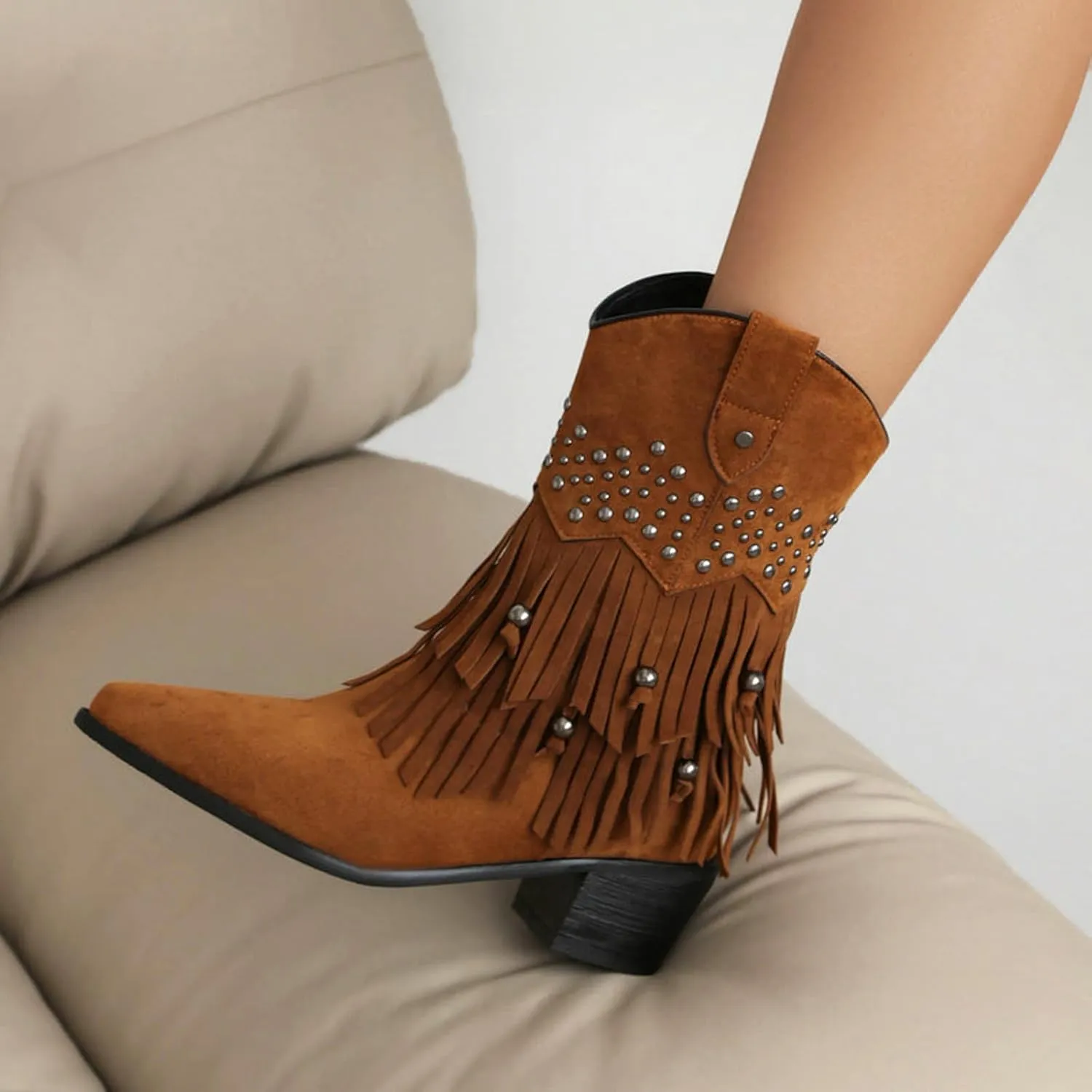 Womens Boots Women's Suede Tassel Ankle Boots Pull On Short Booties Low Block Heel Stage Performance Bootie