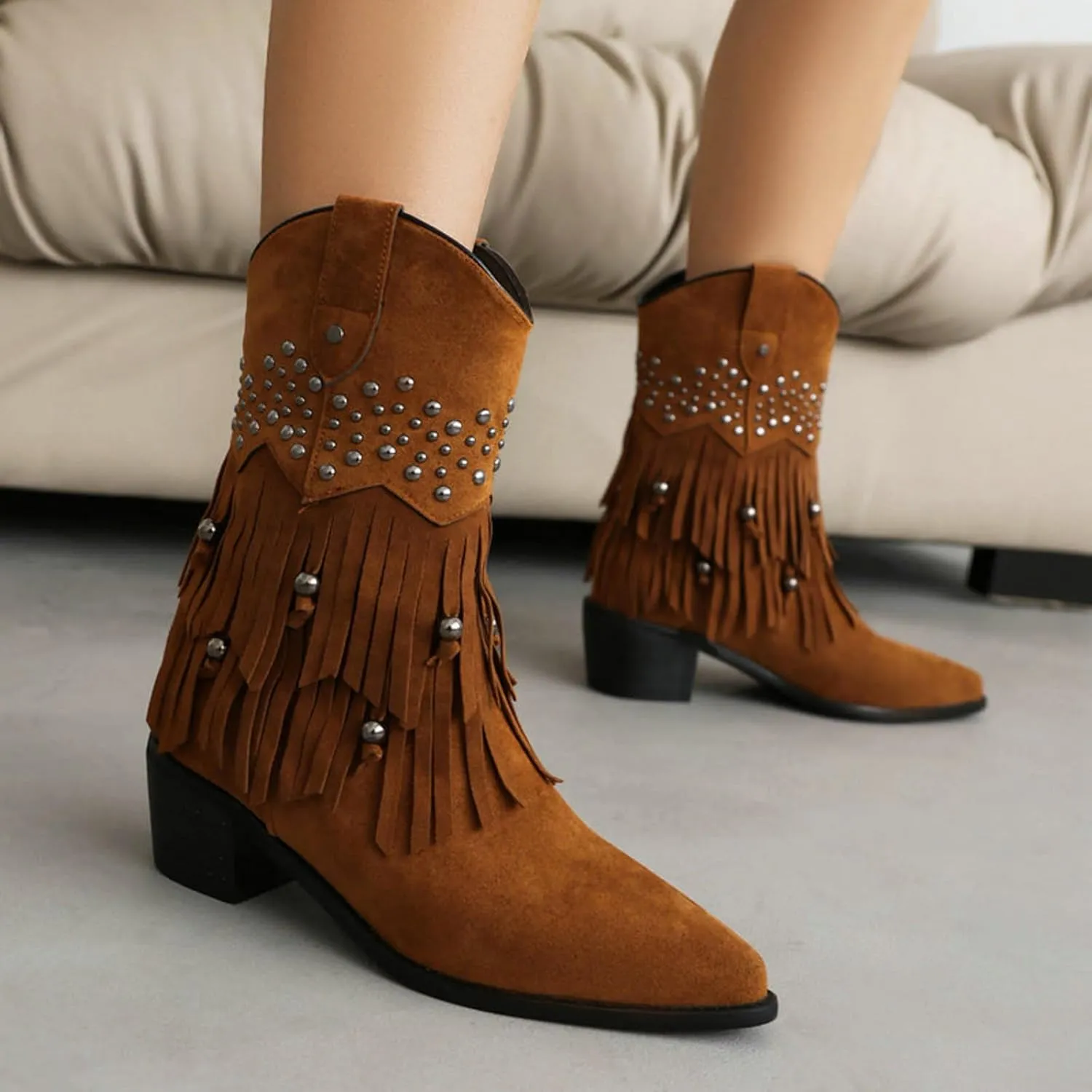 Womens Boots Women's Suede Tassel Ankle Boots Pull On Short Booties Low Block Heel Stage Performance Bootie