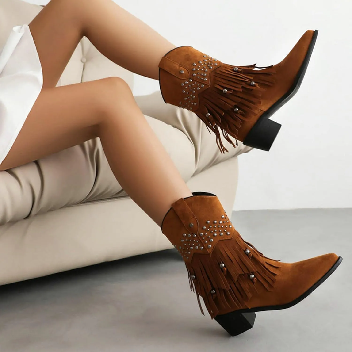 Womens Boots Women's Suede Tassel Ankle Boots Pull On Short Booties Low Block Heel Stage Performance Bootie
