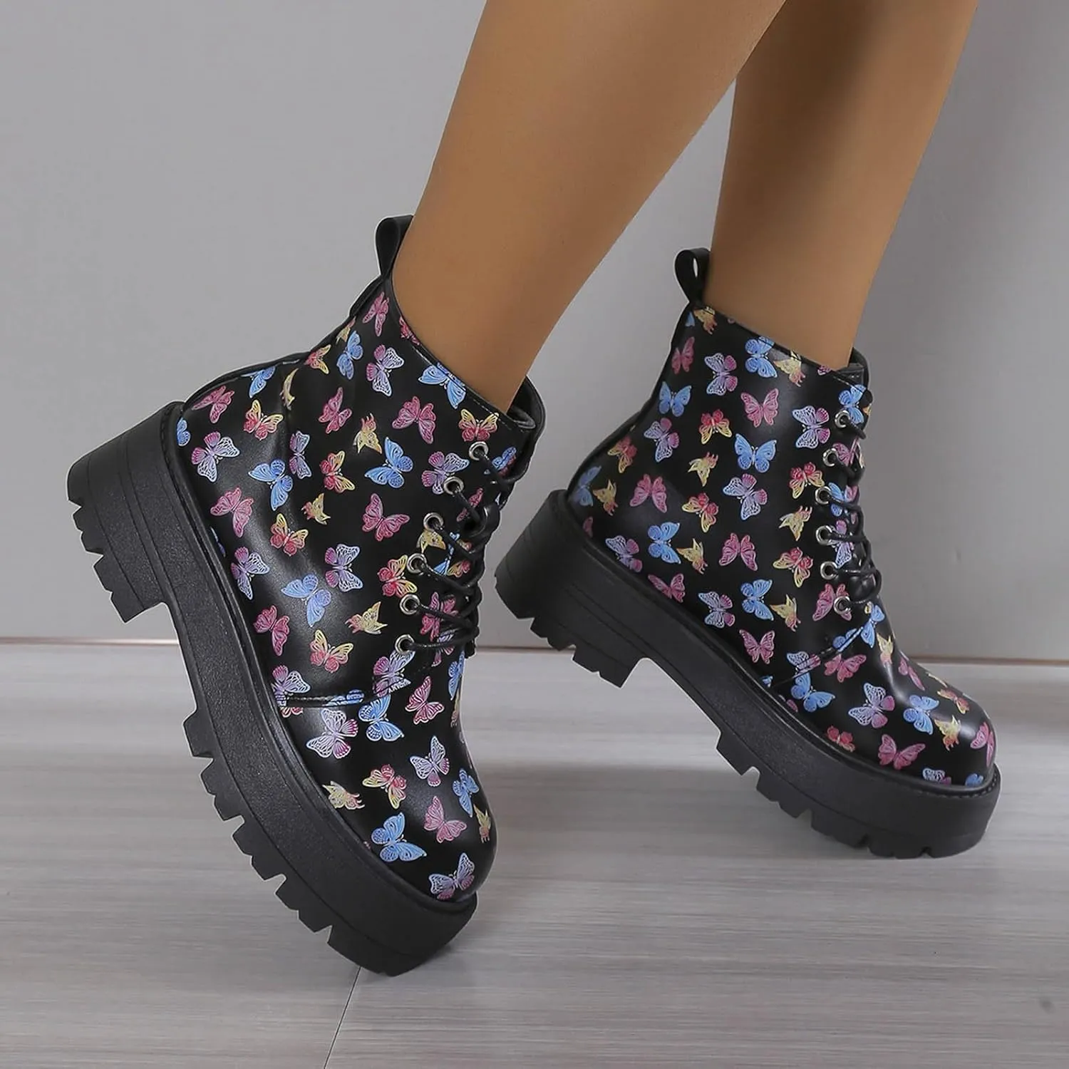 Womens Boots Women's Y2K Butterfly Lace-Up Combat Boots Thick Platform Gothic Halloween Bootie For Ladies