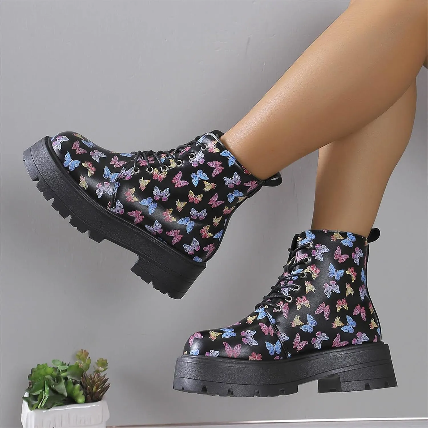 Womens Boots Women's Y2K Butterfly Lace-Up Combat Boots Thick Platform Gothic Halloween Bootie For Ladies