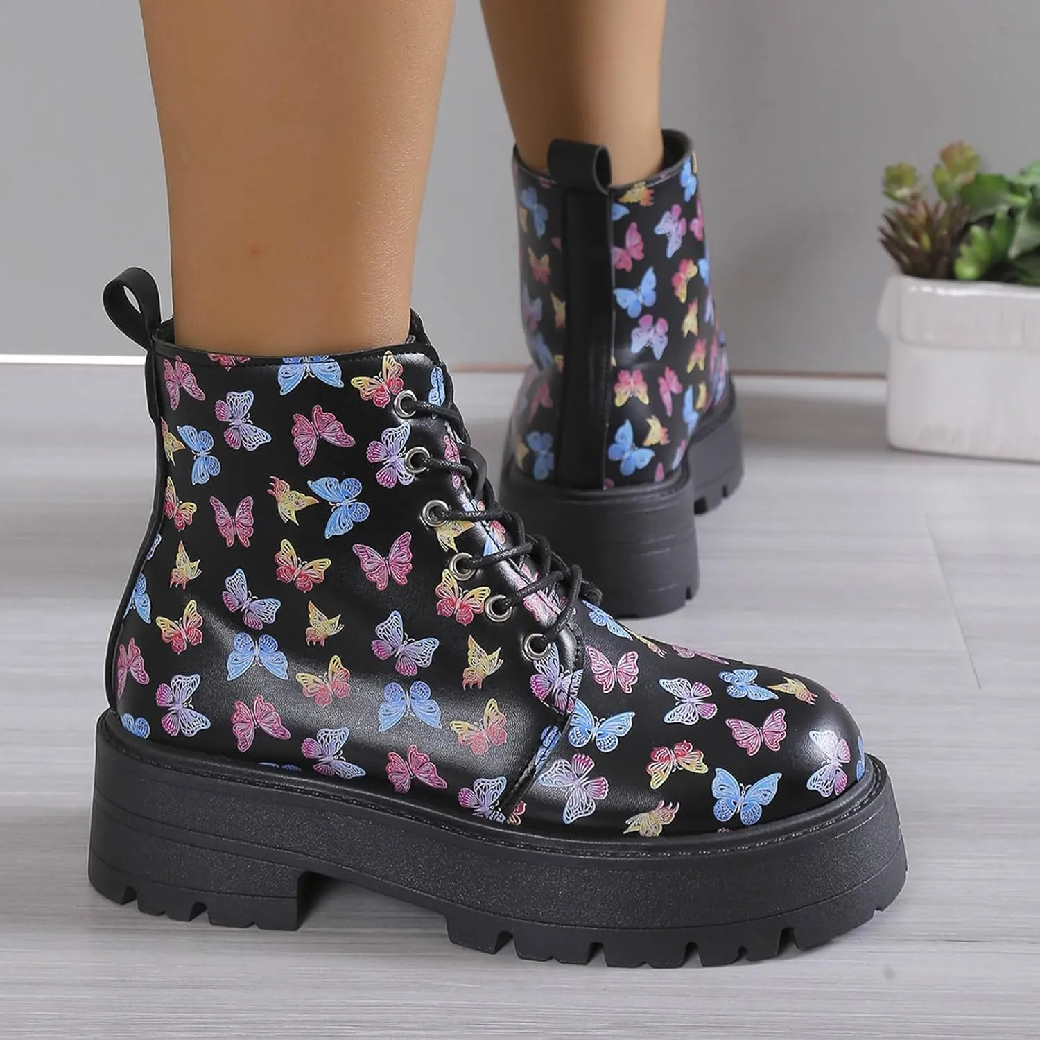 Womens Boots Women's Y2K Butterfly Lace-Up Combat Boots Thick Platform Gothic Halloween Bootie For Ladies