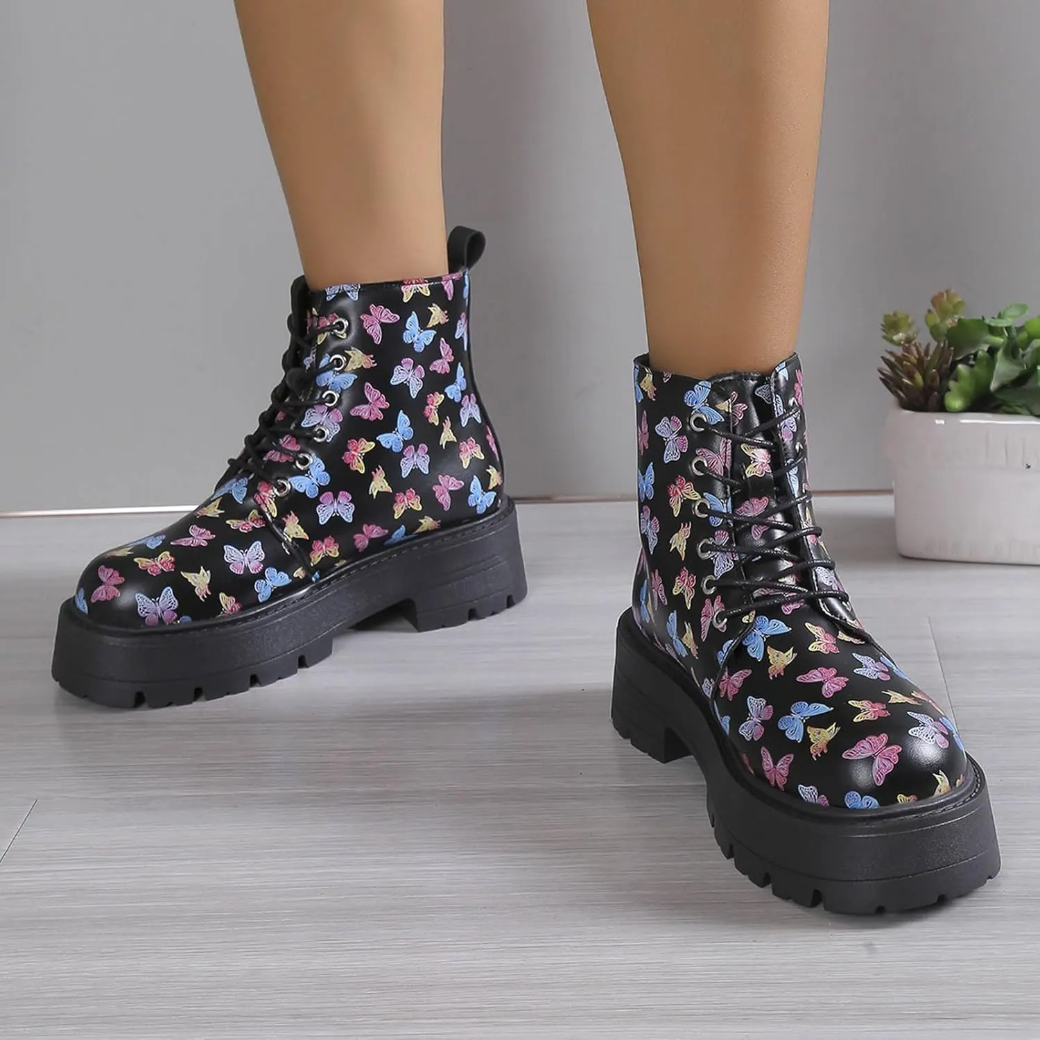Womens Boots Women's Y2K Butterfly Lace-Up Combat Boots Thick Platform Gothic Halloween Bootie For Ladies