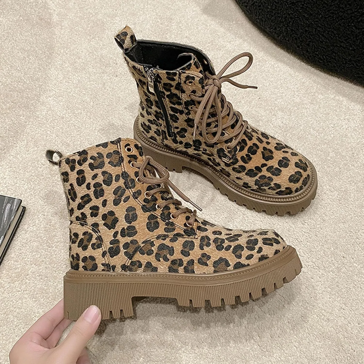 Womens Boots Women's Y2K Leopard Print Lace-Up Combat Boots Thick Platform Gothic Halloween Bootie Non-Slip