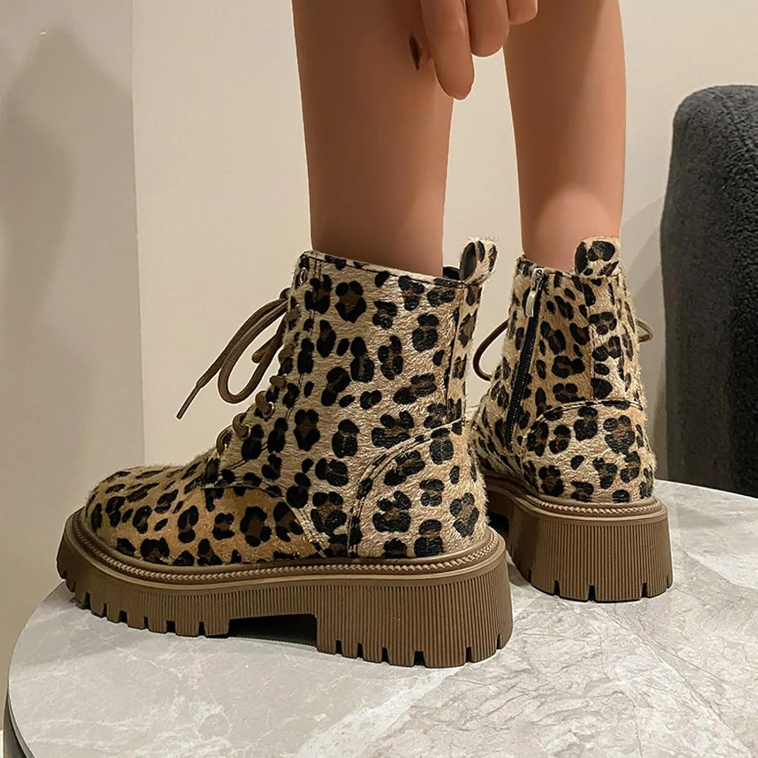 Womens Boots Women's Y2K Leopard Print Lace-Up Combat Boots Thick Platform Gothic Halloween Bootie Non-Slip