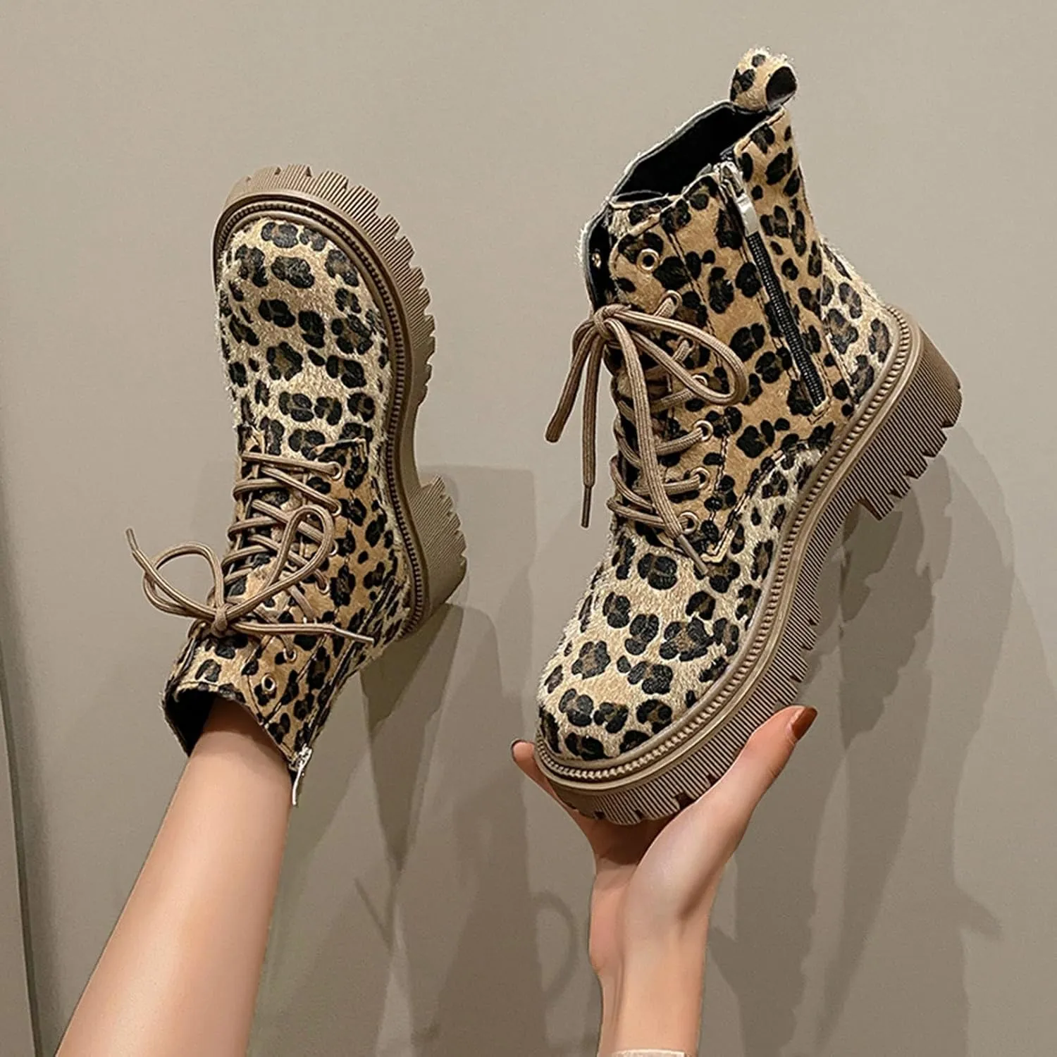 Womens Boots Women's Y2K Leopard Print Lace-Up Combat Boots Thick Platform Gothic Halloween Bootie Non-Slip