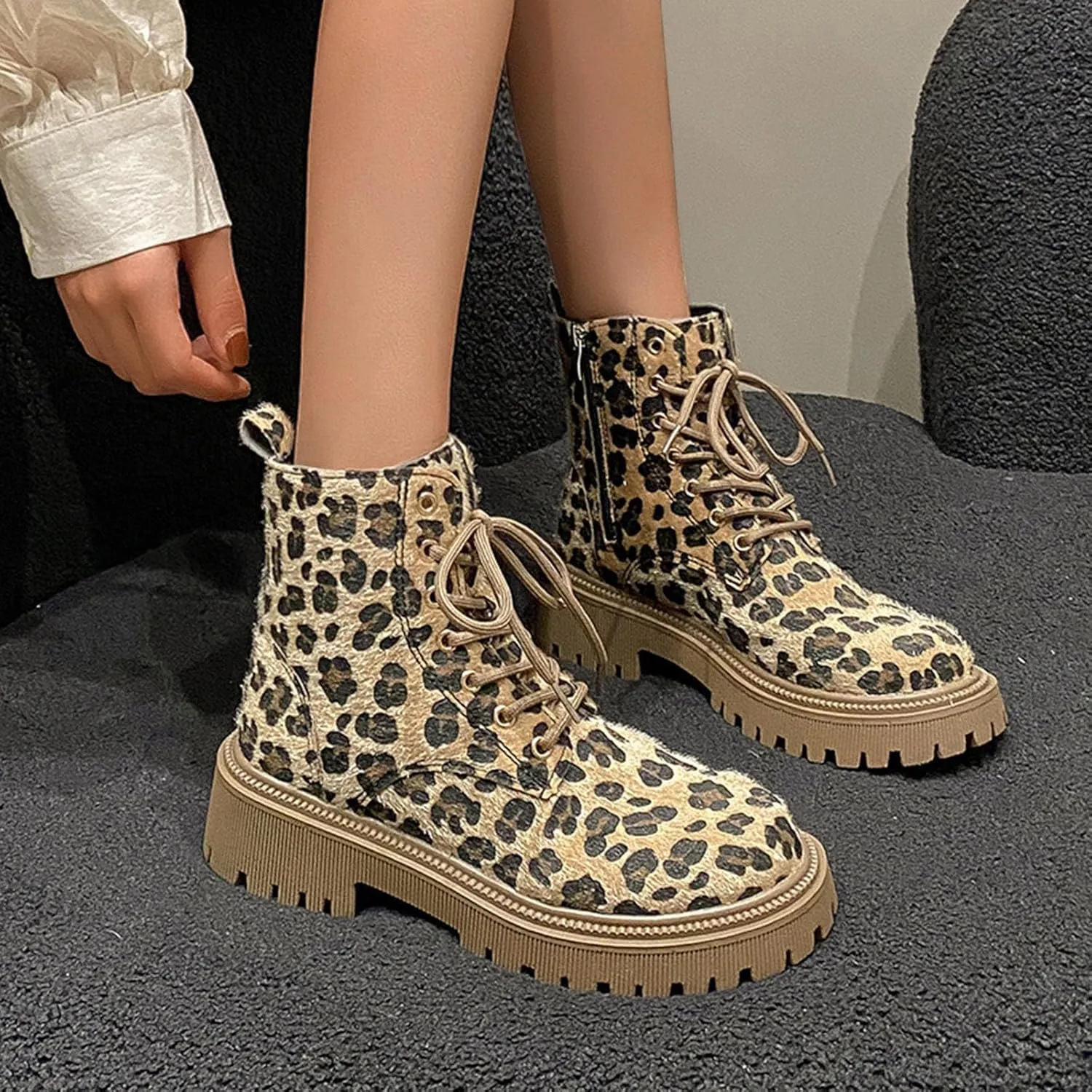Womens Boots Women's Y2K Leopard Print Lace-Up Combat Boots Thick Platform Gothic Halloween Bootie Non-Slip