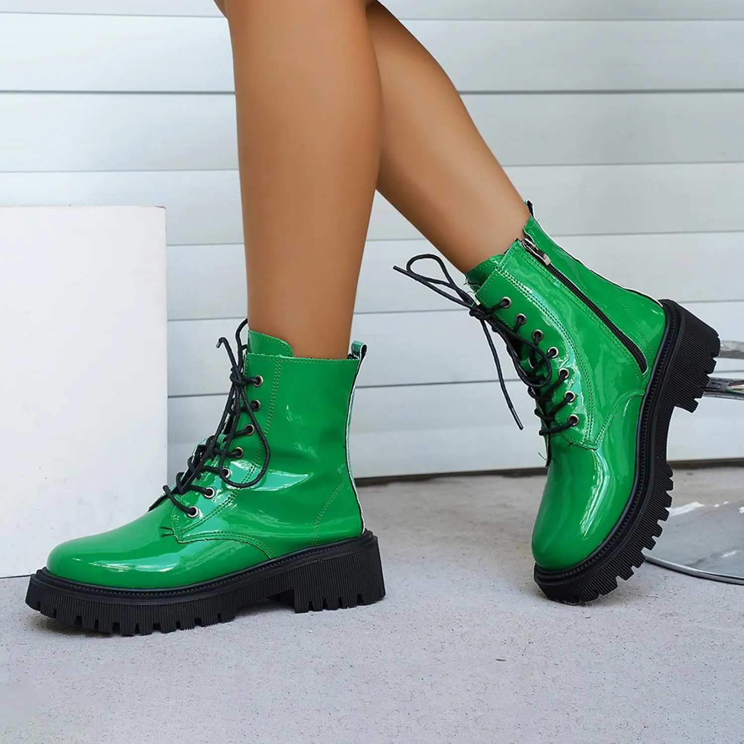 Womens Boots Women's Y2K Lug Sole Lace-Up Combat Boots Side Zipper Thick Platform Gothic Halloween Booties