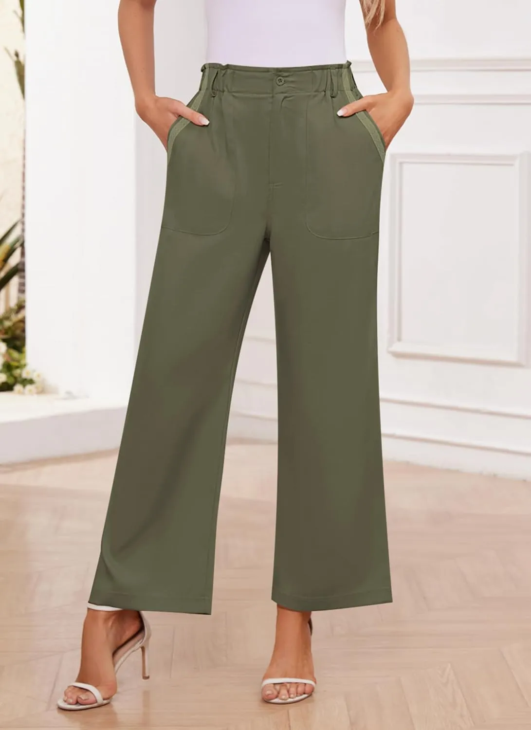 Women's Brown High Waisted Wide Leg Dress Pants - Casual Palazzo Trousers - Medium