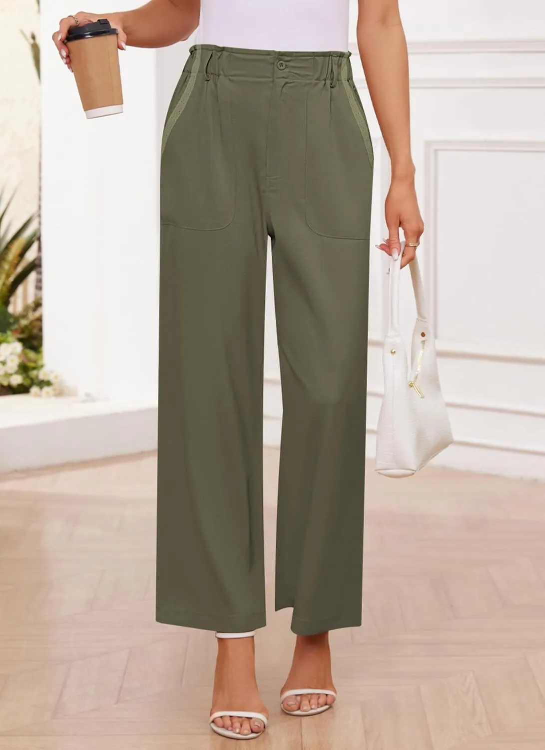 Women's Brown High Waisted Wide Leg Dress Pants - Casual Palazzo Trousers - Medium