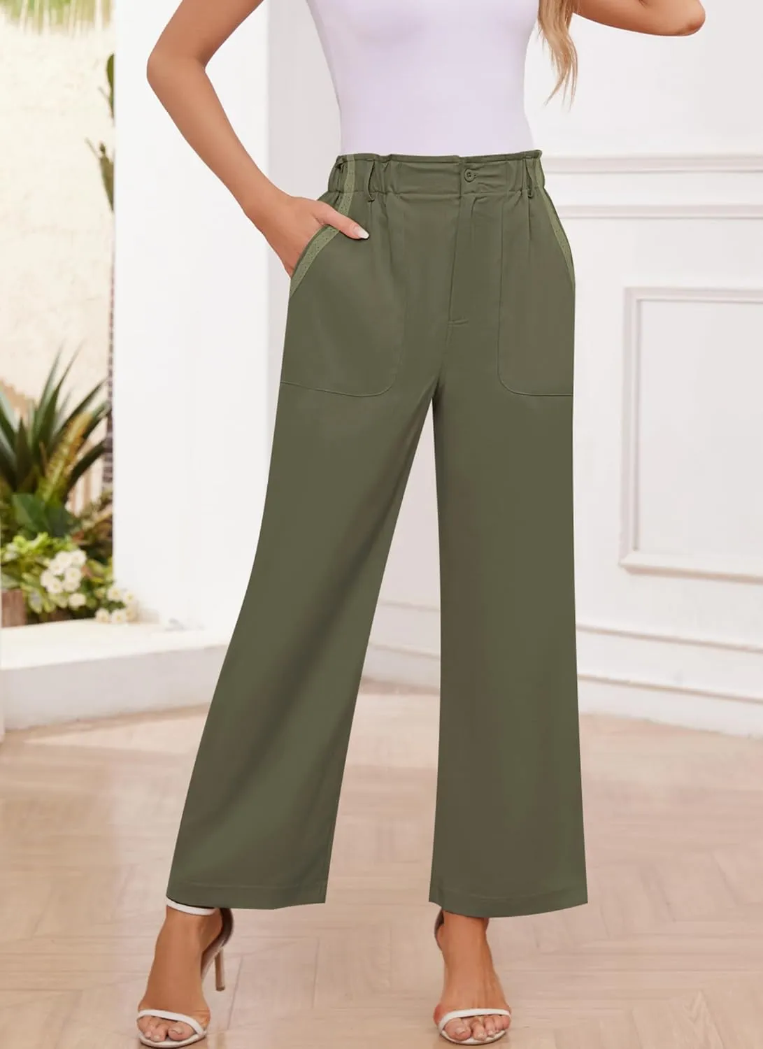 Women's Brown High Waisted Wide Leg Dress Pants - Casual Palazzo Trousers - Medium