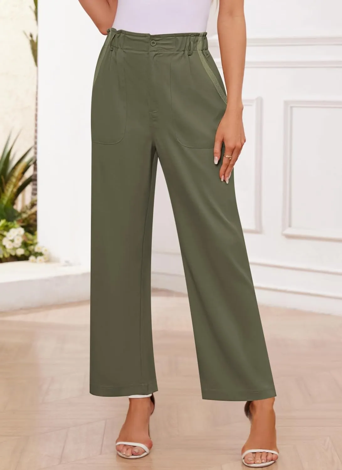 Women's Brown High Waisted Wide Leg Dress Pants - Casual Palazzo Trousers - Medium