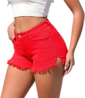 Womens Butt Lifting Jeans Shorts Summer Casual Button High Waisted Stretchy Denim Shorts Comfy Trendy Shorts with Pockets Womens Stretch Twill Shorts Pull On Z3Red, L