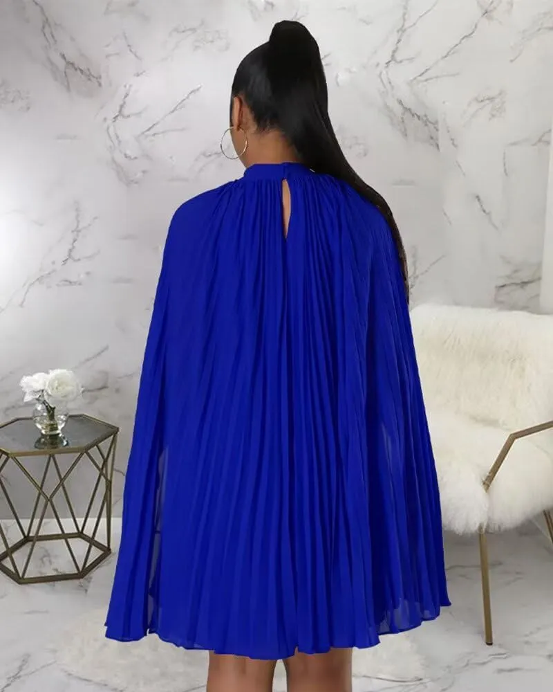 Women??s Casual Cape Sleeve Pleated Split Short Dress Loose Fit Cocktail Party Flowy Dress
