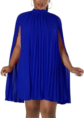 Women??s Casual Cape Sleeve Pleated Split Short Dress Loose Fit Cocktail Party Flowy Dress