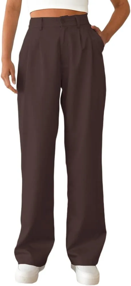 Women's Casual Straight Trousers High Waisted Button Work Office Dress Pants with Pockets