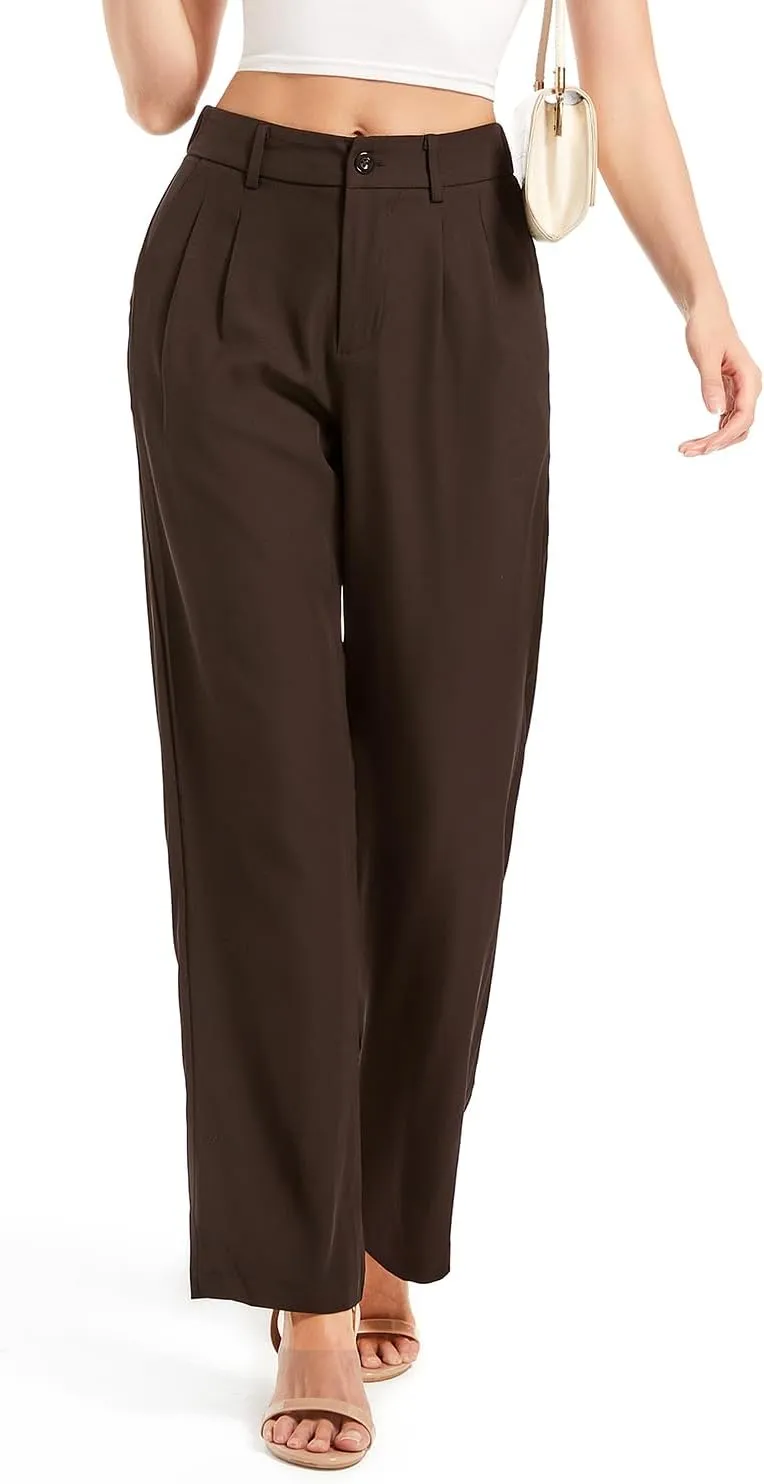 Women's Casual Straight Trousers High Waisted Button Work Office Dress Pants with Pockets