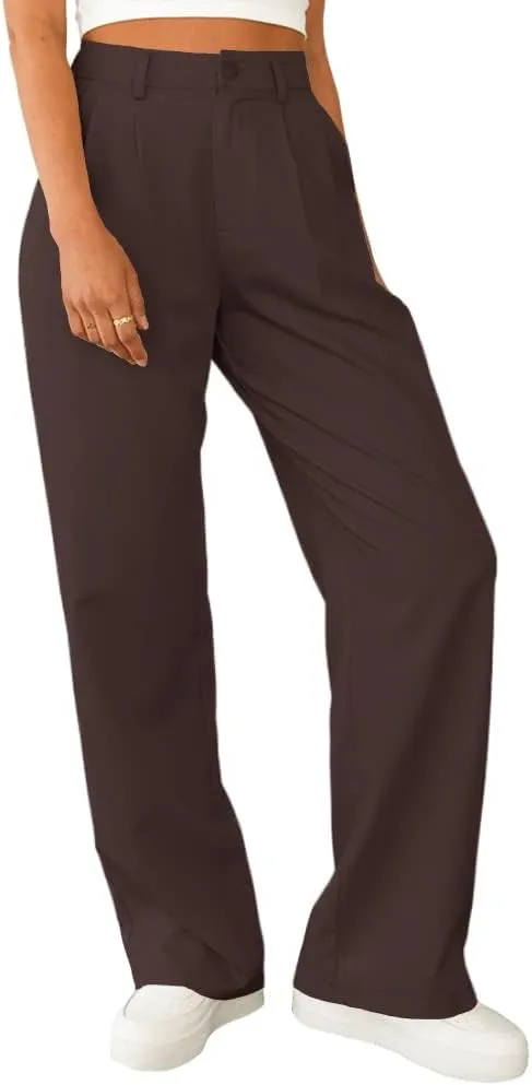 Women's Casual Straight Trousers High Waisted Button Work Office Dress Pants with Pockets