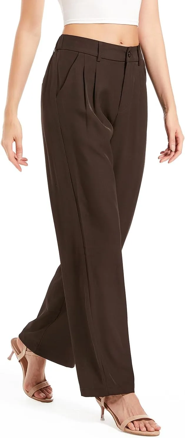 Women's Casual Straight Trousers High Waisted Button Work Office Dress Pants with Pockets