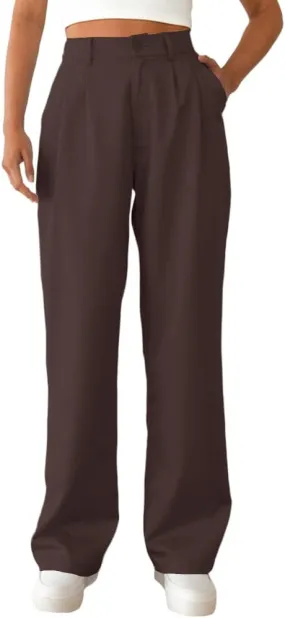 Women's Casual Straight Trousers High Waisted Button Work Office Dress Pants with Pockets