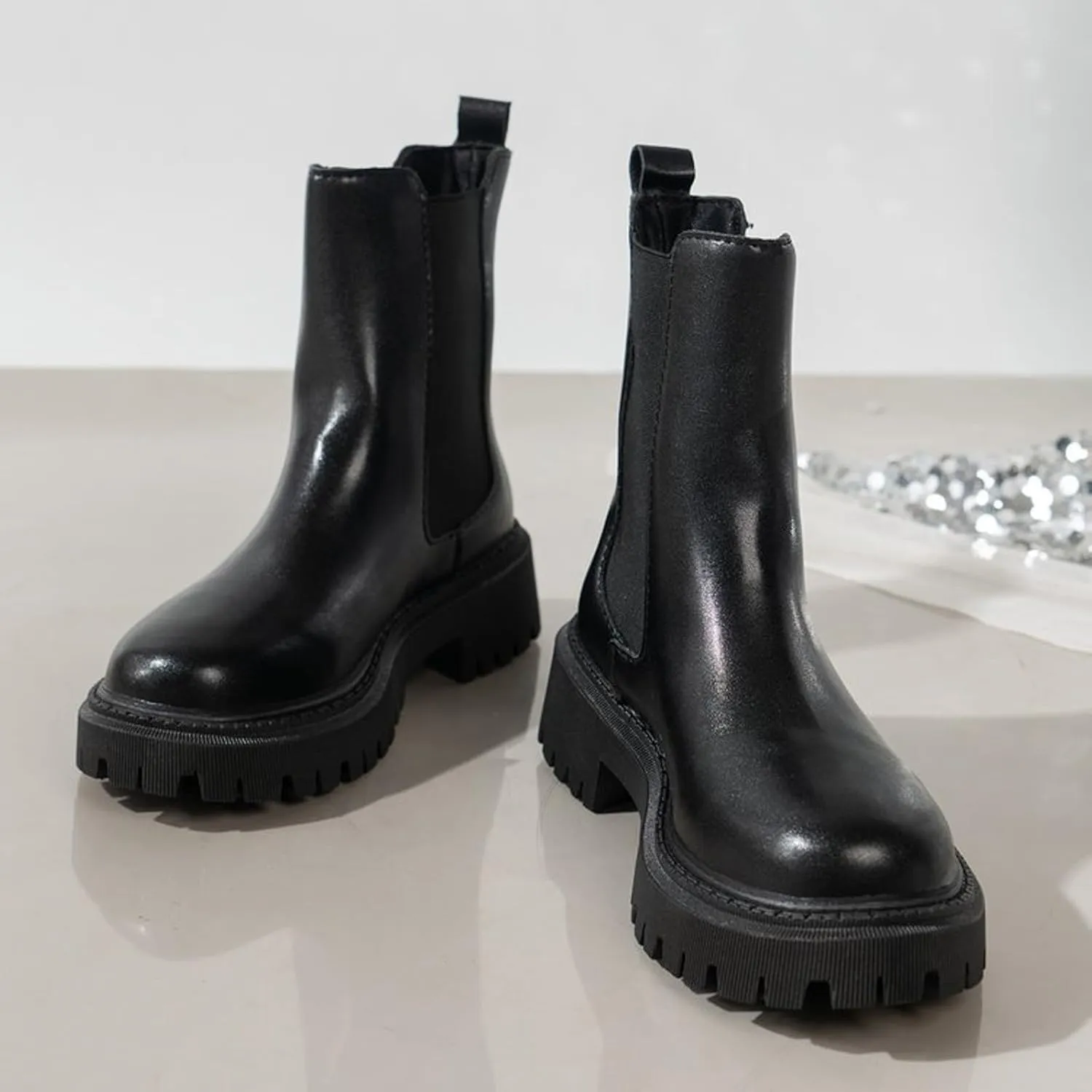Womens Chelsea Boots Combat Boots Womens Fashion Round Toe Solid Color Lug Sole Elastic Thick Bottom Boots For Women