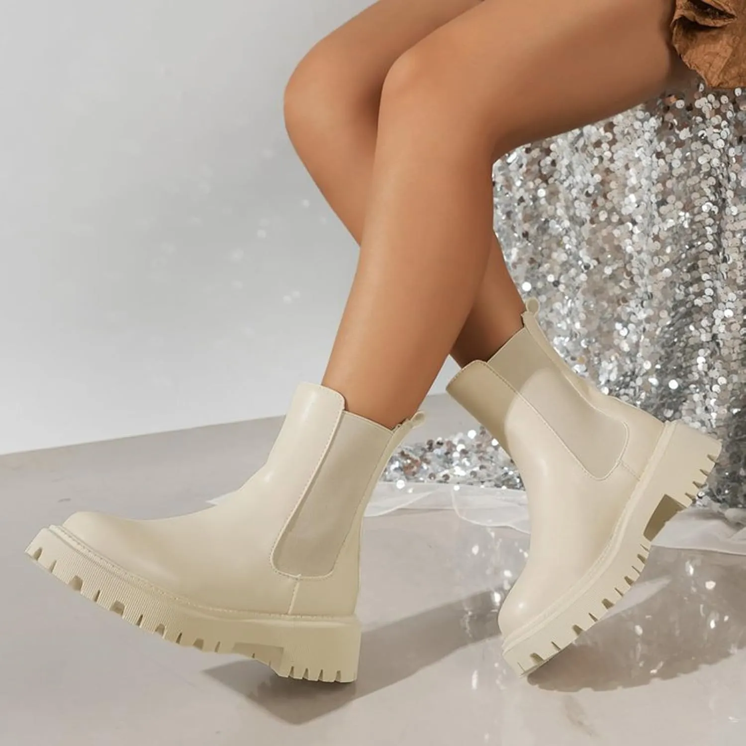 Womens Chelsea Boots Combat Boots Womens Fashion Round Toe Solid Color Lug Sole Elastic Thick Bottom Boots For Women
