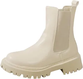 Womens Chelsea Boots Combat Boots Womens Fashion Round Toe Solid Color Lug Sole Elastic Thick Bottom Boots For Women