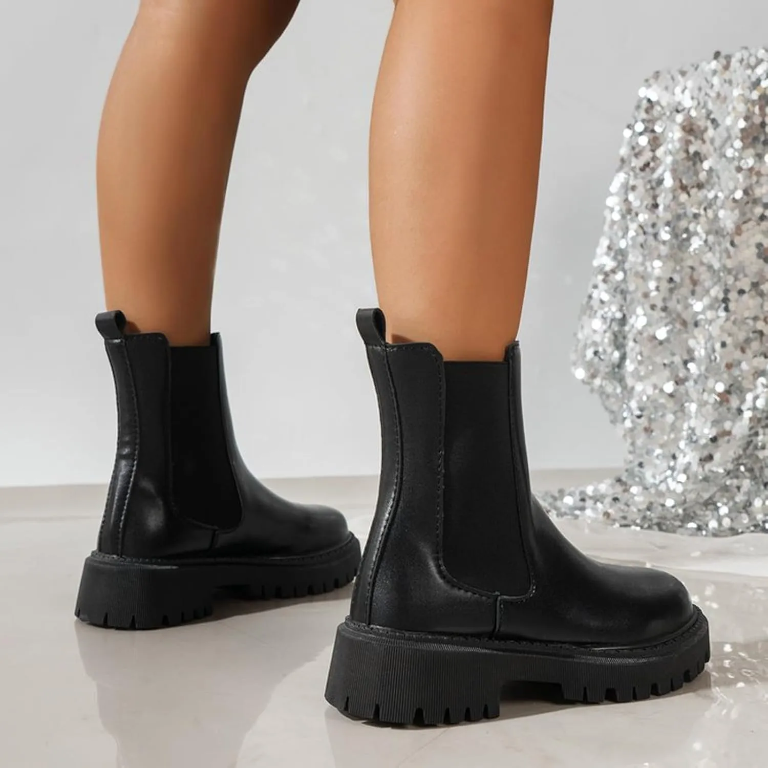 Womens Chelsea Boots Combat Boots Womens Fashion Round Toe Solid Color Lug Sole Elastic Thick Bottom Boots For Women