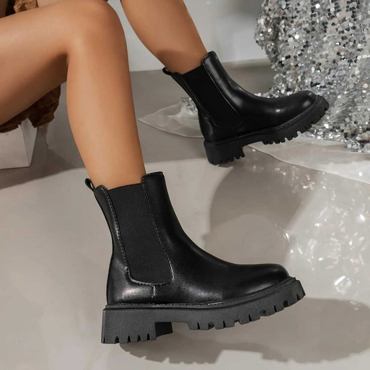 Womens Chelsea Boots Combat Boots Womens Fashion Round Toe Solid Color Lug Sole Elastic Thick Bottom Boots For Women
