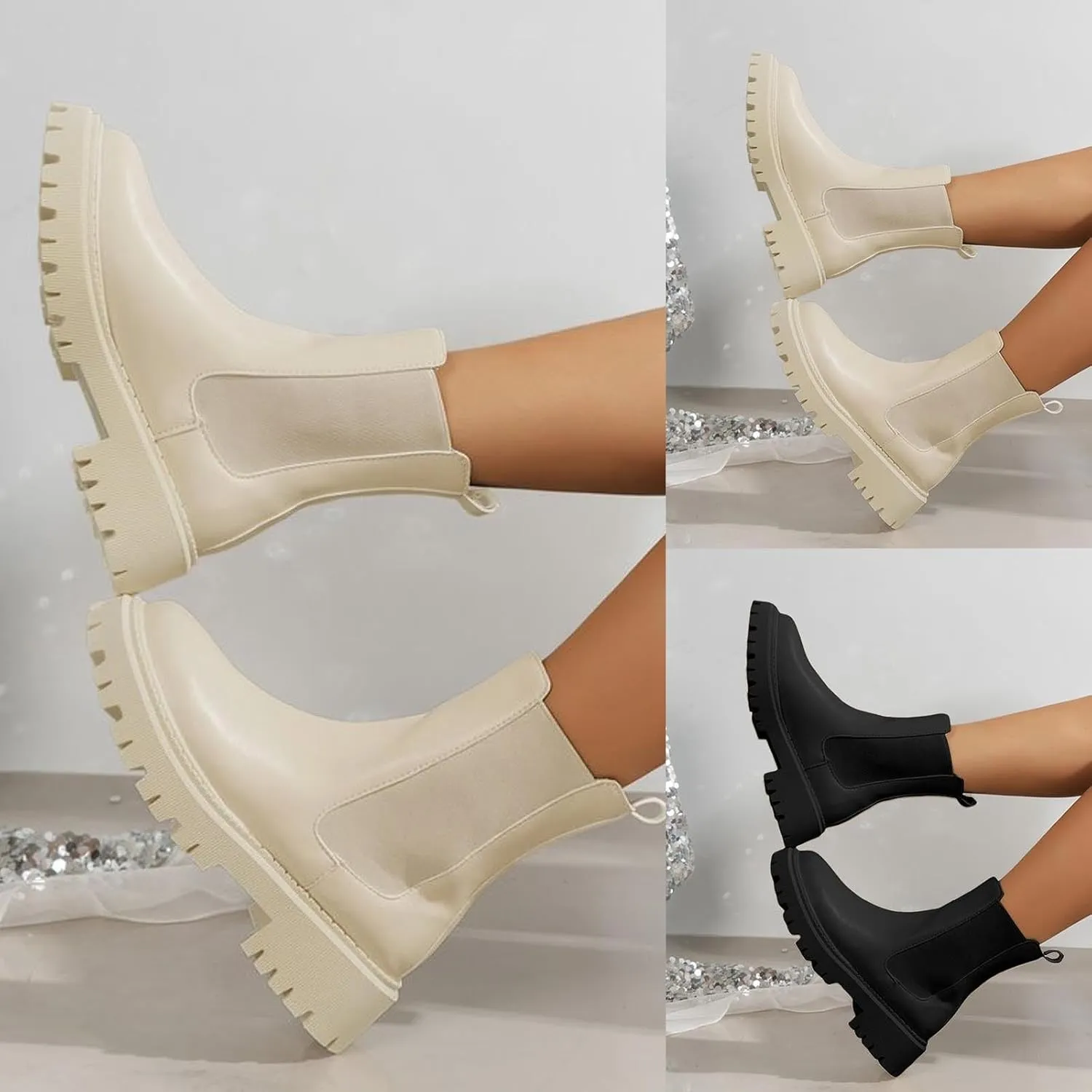 Womens Chelsea Boots Combat Boots Womens Fashion Round Toe Solid Color Lug Sole Elastic Thick Bottom Boots For Women