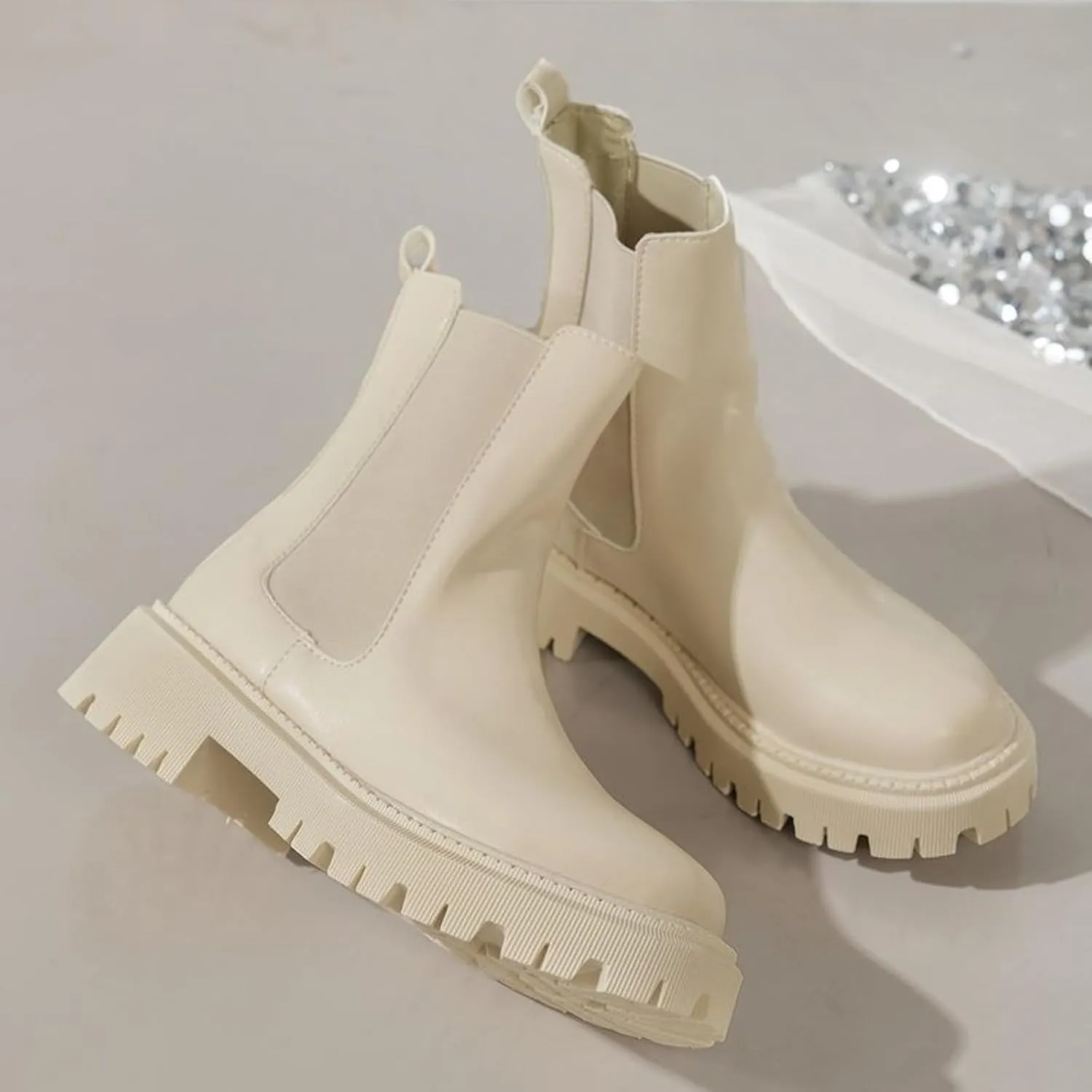 Womens Chelsea Boots Combat Boots Womens Fashion Round Toe Solid Color Lug Sole Elastic Thick Bottom Boots For Women