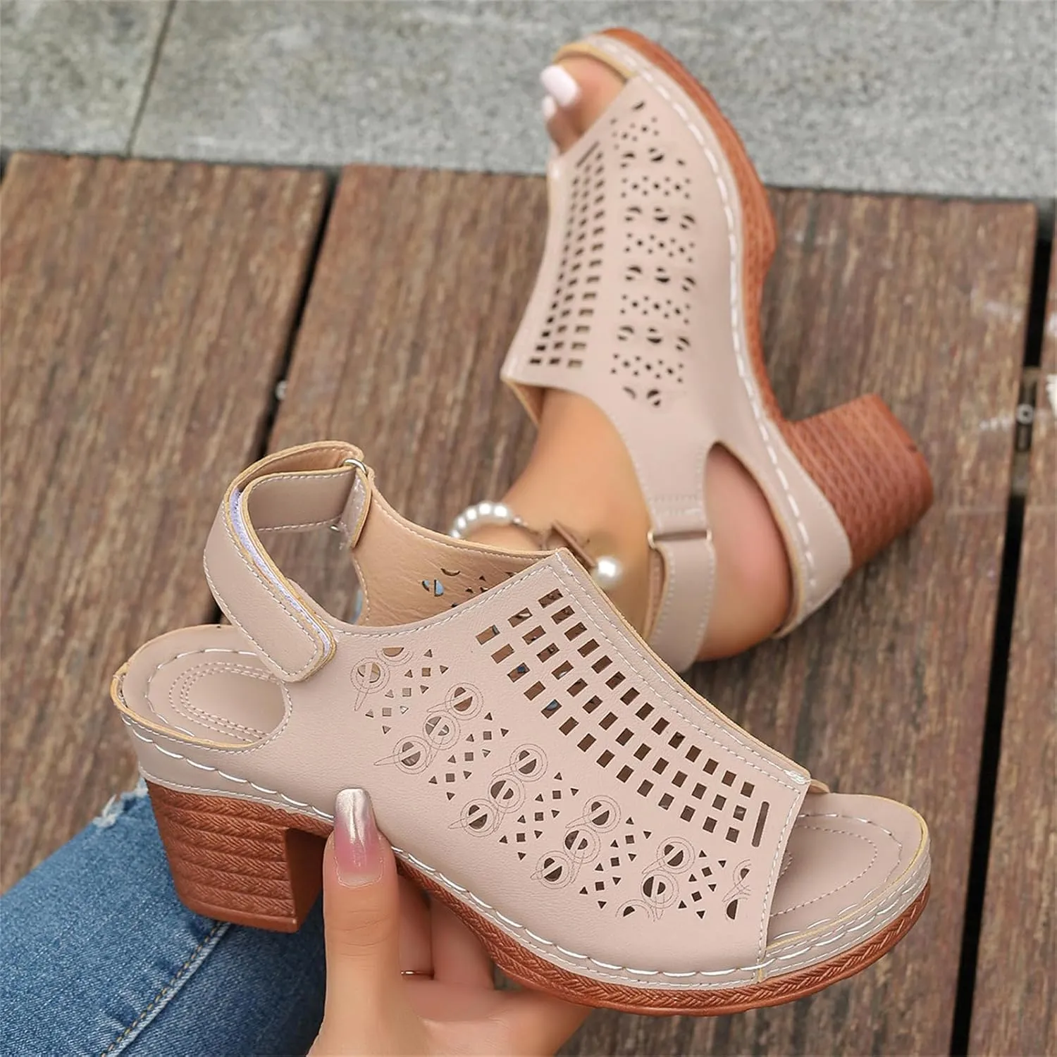 Womens Chunky Heel Sandals Casual Bohemian Beach Shoes Cut Out Peep Toe Zipper Block Heel Sandals Comfortable Outdoor Vacation Shoes