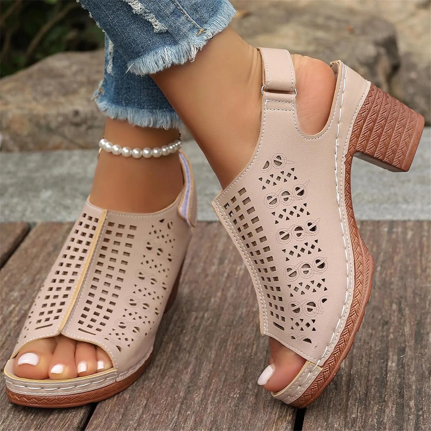 Womens Chunky Heel Sandals Casual Bohemian Beach Shoes Cut Out Peep Toe Zipper Block Heel Sandals Comfortable Outdoor Vacation Shoes