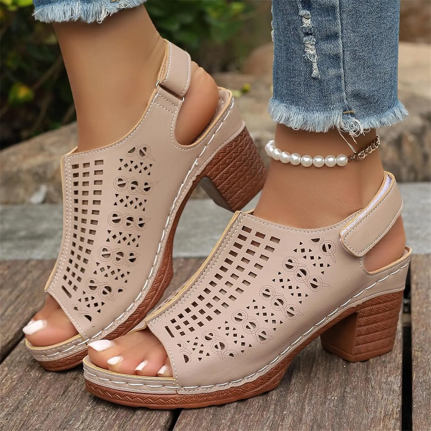 Womens Chunky Heel Sandals Casual Bohemian Beach Shoes Cut Out Peep Toe Zipper Block Heel Sandals Comfortable Outdoor Vacation Shoes