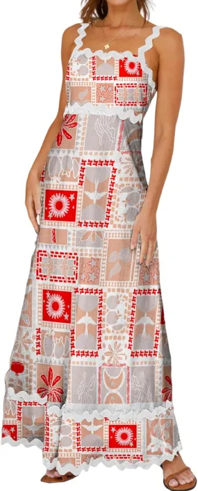 Women's Classy Sleeveless Lemon Print Maxi RIC Rac Dress