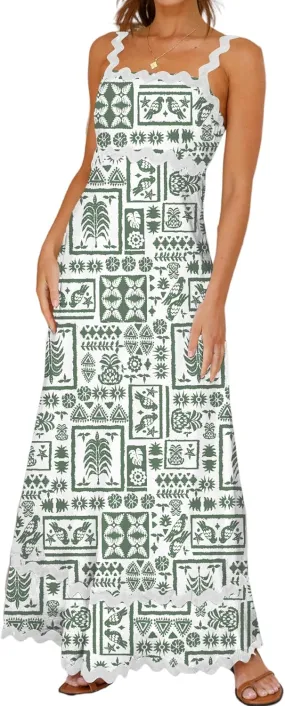 Women's Classy Sleeveless Lemon Print Maxi RIC Rac Dress