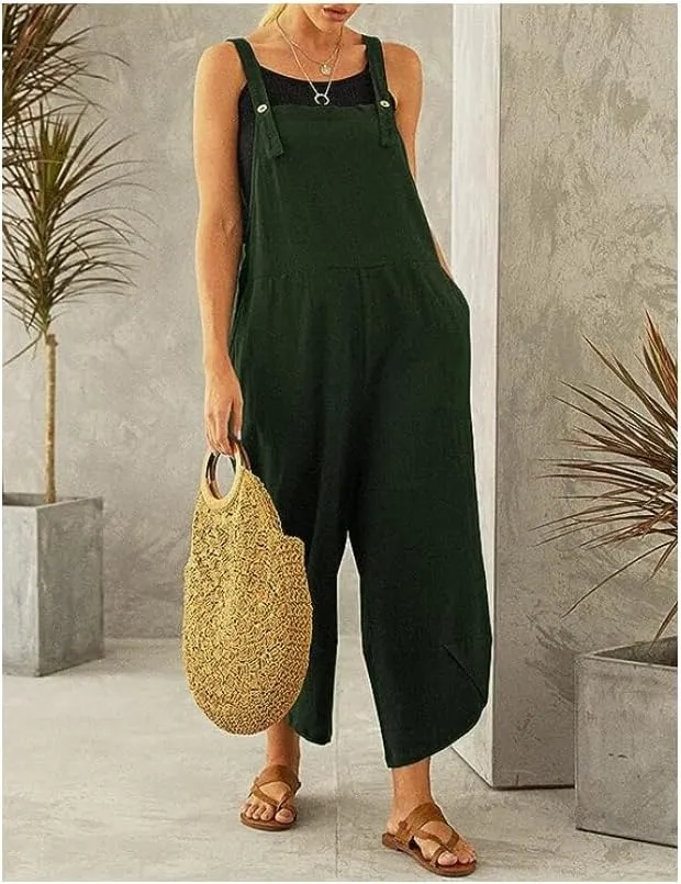 Women's Cotton Linen Dress Sleeveless Adjustable Summer Bib Overalls Jumpsuits with Pockets