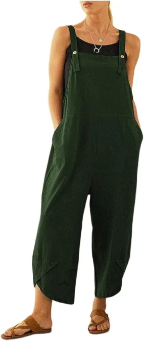 Women's Cotton Linen Dress Sleeveless Adjustable Summer Bib Overalls Jumpsuits with Pockets