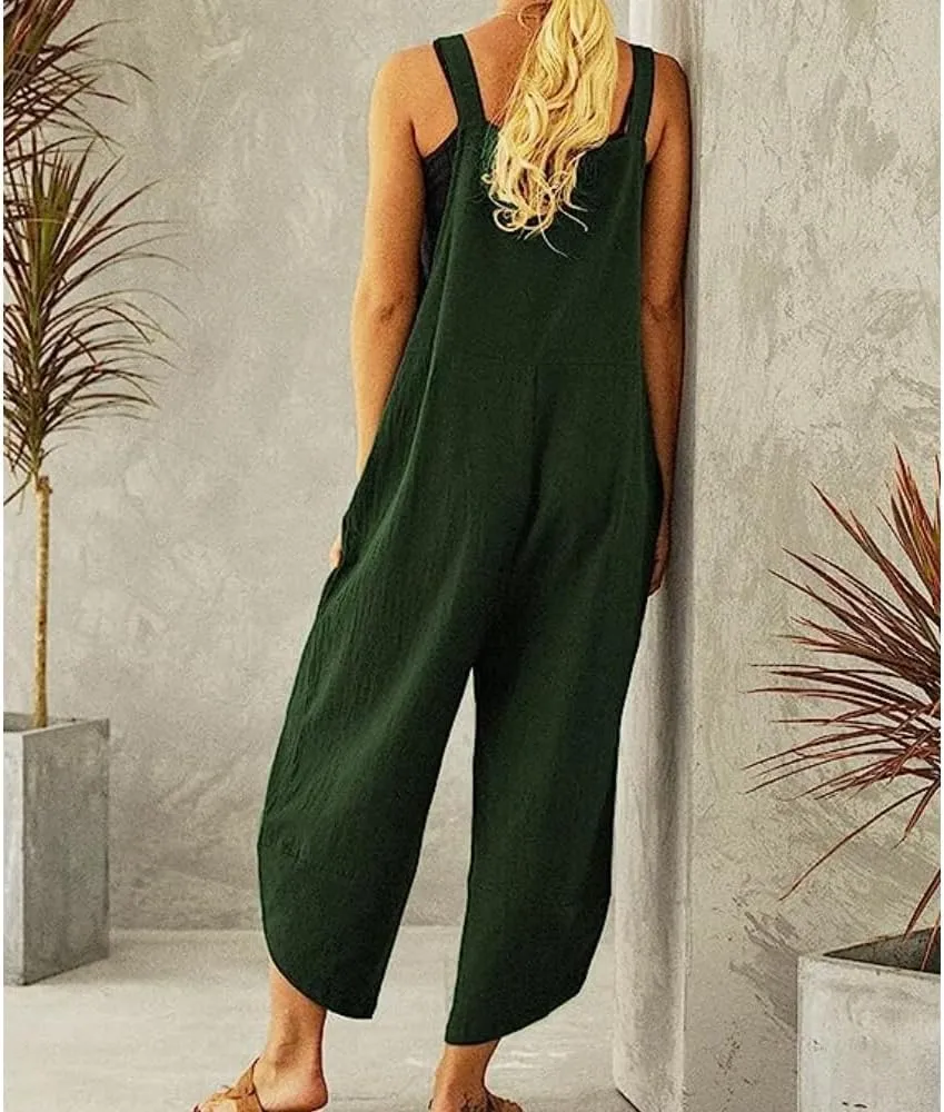 Women's Cotton Linen Dress Sleeveless Adjustable Summer Bib Overalls Jumpsuits with Pockets