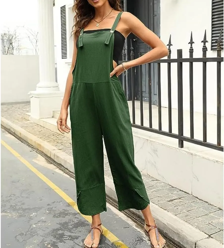Women's Cotton Linen Dress Sleeveless Adjustable Summer Bib Overalls Jumpsuits with Pockets