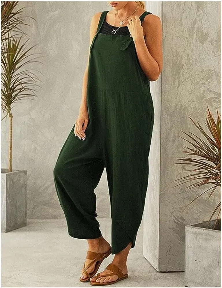 Women's Cotton Linen Dress Sleeveless Adjustable Summer Bib Overalls Jumpsuits with Pockets