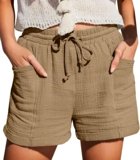 Womens Cotton Shorts, Linen Shorts for Women Summer Casual Shorts Drawstring Elastic Waist Beach Hiking Shorts