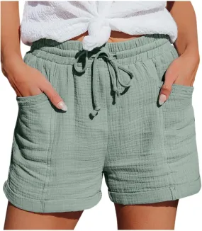Womens Cotton Shorts, Linen Shorts for Women Summer Casual Shorts Drawstring Elastic Waist Beach Hiking Shorts